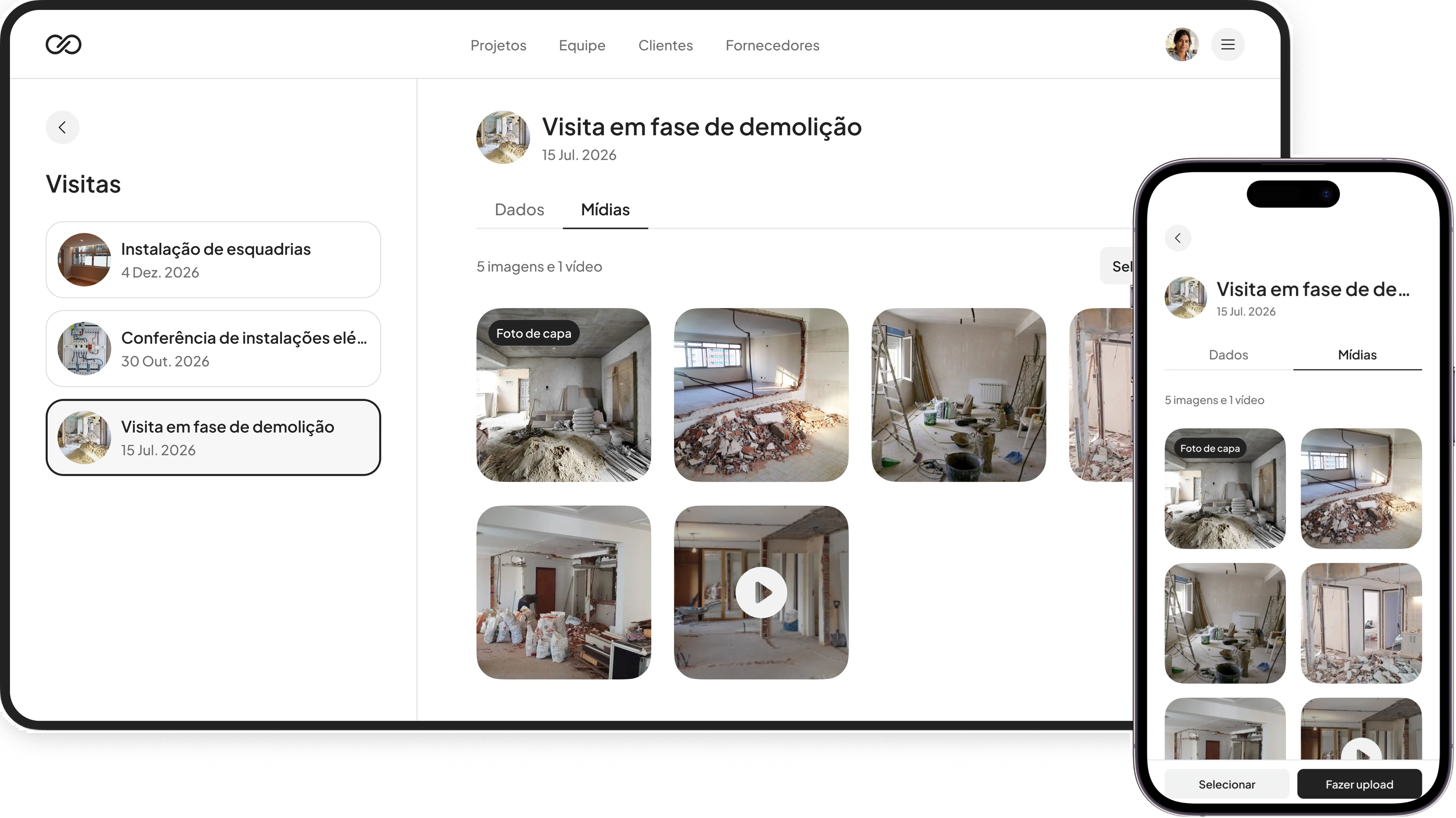 Tela de visitas de obra do Cursivo, com as fotos e o vídeo de uma visita